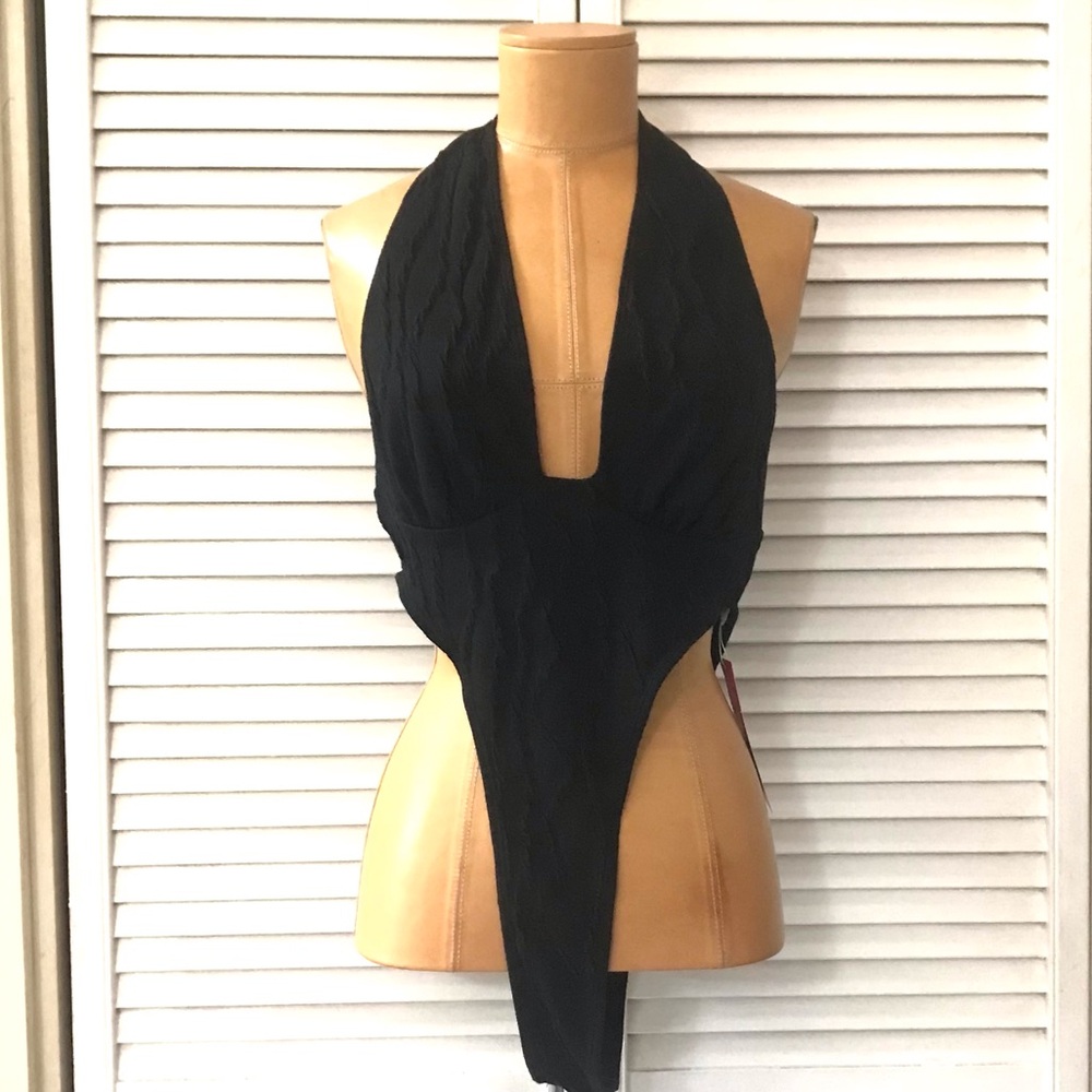 🆕 SHEIN Icon Bodysuit Womens Size 6 Black Halter Plunging Neckline High Cut NWT